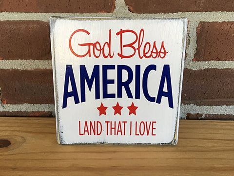 Reversible God Bless America and Summer Rustic Wood Block Sign, Red White and Blue Shelf Decor