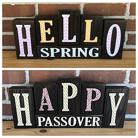 Happy Passover and Hello Spring Reversible Letter Block Set, Rustic Wood Decor for Shelf, Mantle or Tabletop