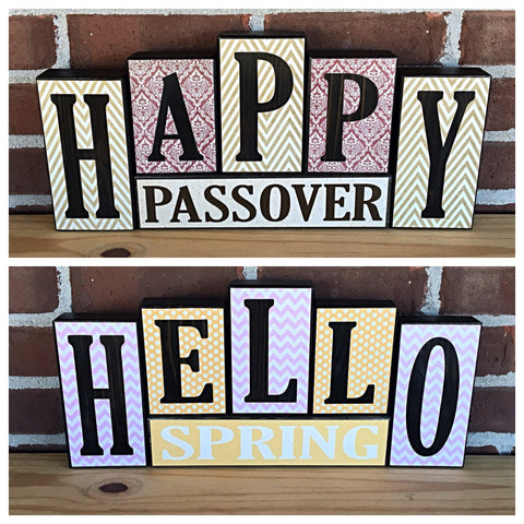 Happy Passover and Hello Spring Reversible Letter Block Set, Rustic Wooden Decor for Shelf, Mantle or Tabletop