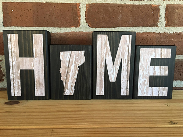 Vermont Home Rustic Wooden Letter Block Set, Farmhouse Style Vermont Decor for Shelf, Mantle or Tabletop