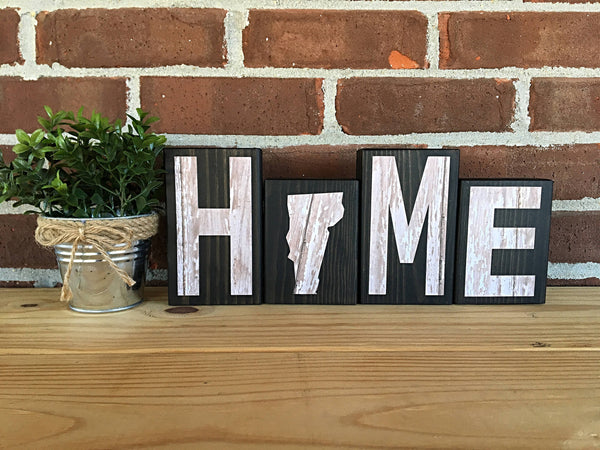 Vermont Home Rustic Wooden Letter Block Set, Farmhouse Style Vermont Decor for Shelf, Mantle or Tabletop