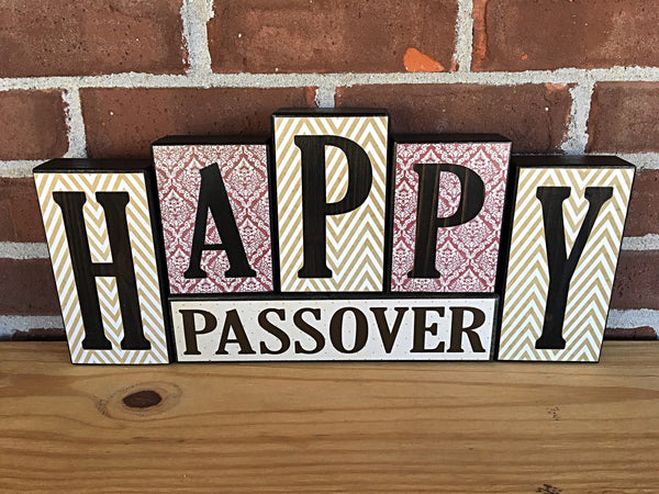 Happy Passover and Hello Spring Reversible Letter Block Set, Rustic Wooden Decor for Shelf, Mantle or Tabletop