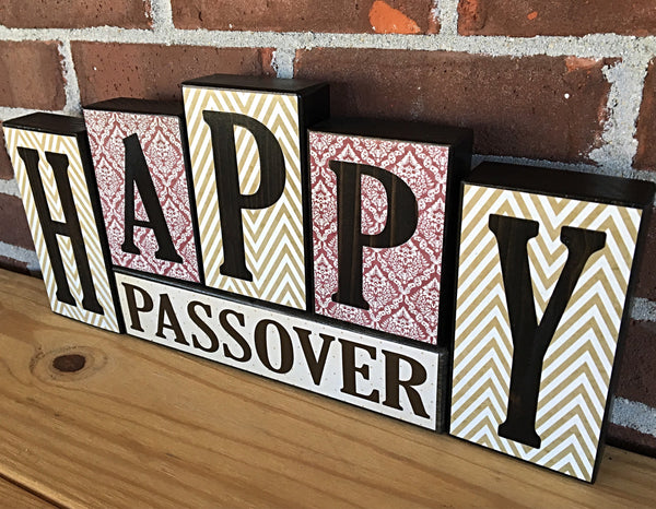 Happy Passover and Hello Spring Reversible Letter Block Set, Rustic Wooden Decor for Shelf, Mantle or Tabletop