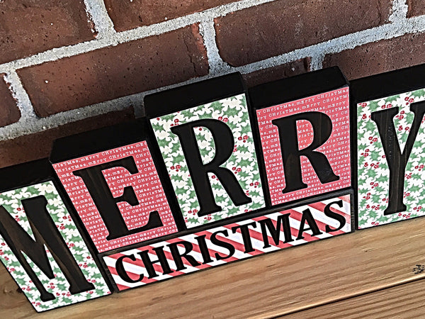 Reversible Merry Christmas and Happy Thanksgiving Letter Block Set, Rustic Decor for Mantle, Tabletop or Shelf Decor