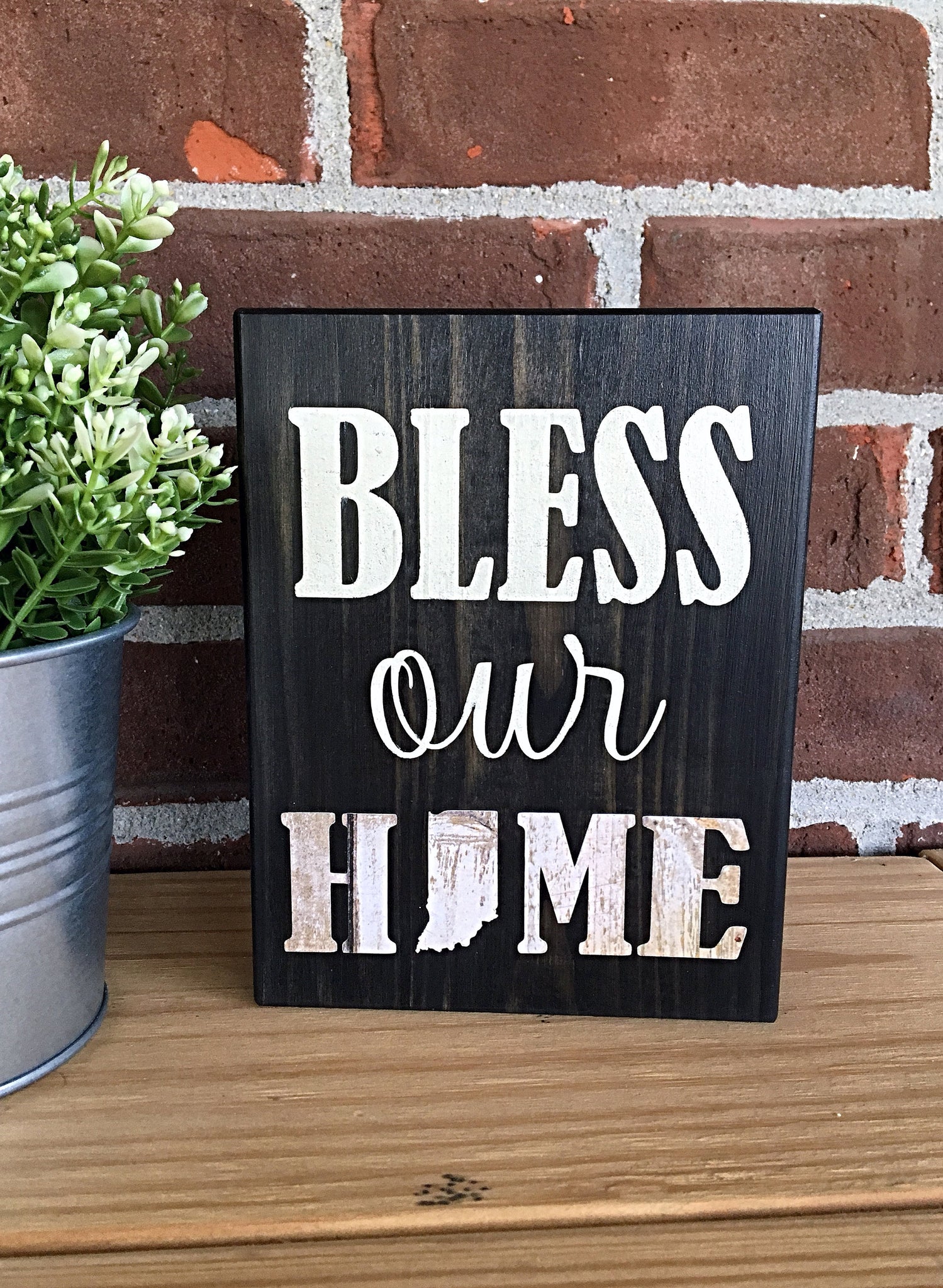 Bless Our Indiana Home Rustic Wooden Block Sign, Farmhouse Style Decor for Shelf, Mantle or Tabletop