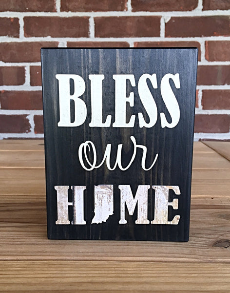 Bless Our Indiana Home Rustic Wooden Block Sign, Farmhouse Style Decor for Shelf, Mantle or Tabletop