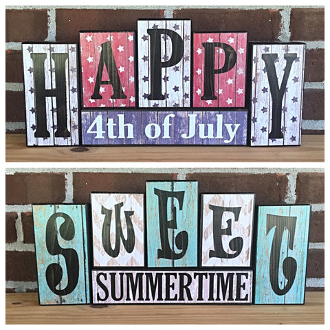 Rustic 4th of July Decor Red White and Blue Summer Decor Wooden Letter Blocks Reversible Holiday Double Sided Blocks July 4th Americana