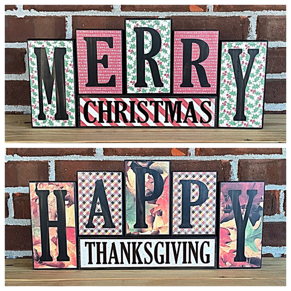 Reversible Merry Christmas and Happy Thanksgiving Letter Block Set, Rustic Decor for Mantle, Tabletop or Shelf Decor