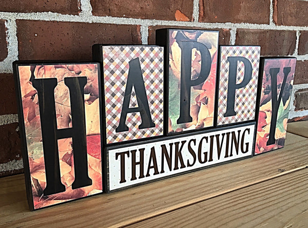 Reversible Merry Christmas and Happy Thanksgiving Letter Block Set, Rustic Decor for Mantle, Tabletop or Shelf Decor