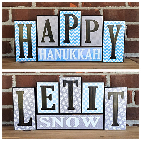 Happy Hanukkah and Let It Snow Reversible Letter Block Set, Rustic Wooden Holiday Decor for Shelf, Tabletop or Mantle