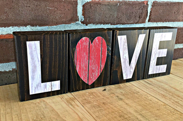 Love Rustic Wooden Letter Block Set, Red and White Decor for Shelf, Mantle or Tabletop