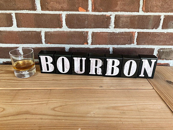 Bourbon Rustic Wooden Letter Block Set, Man Cave Shelf or Bar Decor for Bourbon Lover