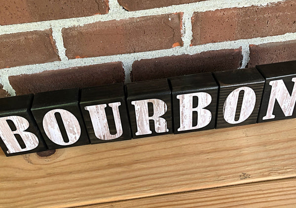 Bourbon Rustic Wooden Letter Block Set, Man Cave Shelf or Bar Decor for Bourbon Lover