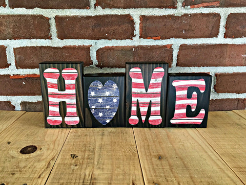 Red White and Blue Home Rustic Wooden Letter Block Set,  Patriotic Flag Themed Decor for Shelf, Mantle or Tabletop