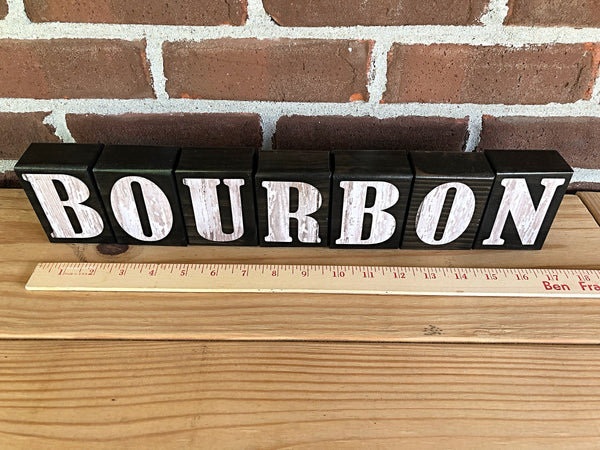 Bourbon Rustic Wooden Letter Block Set, Man Cave Shelf or Bar Decor for Bourbon Lover