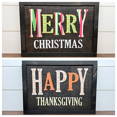 Reversible Merry Christmas and Happy Thanksgiving Sign, Rustic Double Sided Holiday Decor for Wall, Shelf or Mantle