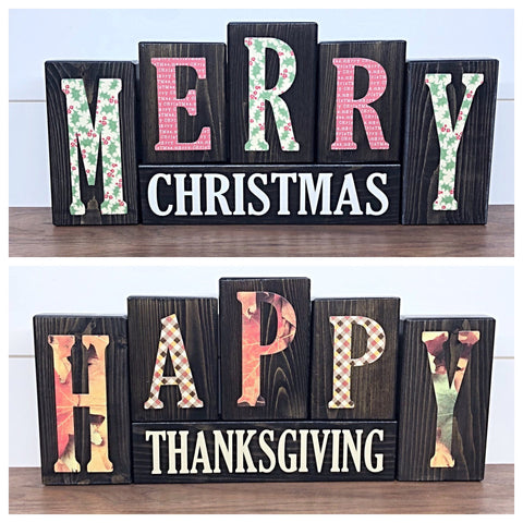 Reversible Merry Christmas and Happy Thanksgiving Letter Block Set for Mantle or Shelf Decor