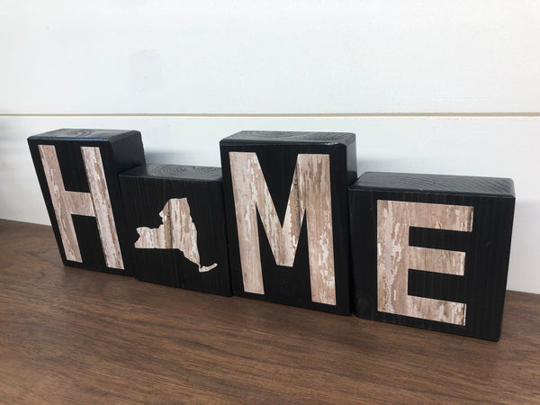 New York Home Rustic Wooden Letter Block Set, Farmhouse Style Decor for Shelf, Mantle or Tabletop