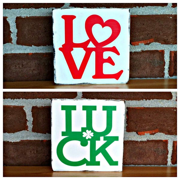 Love and Luck Reversible Block Sign, Rustic Wooden Valentine's and St. Patrick's Day Shelf Decor