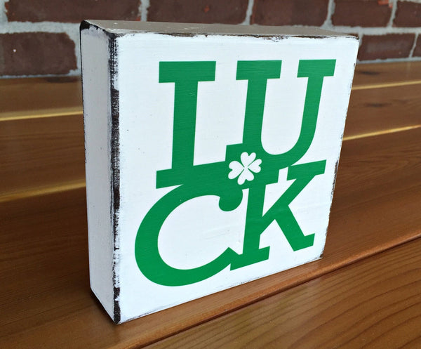 Love and Luck Reversible Block Sign, Rustic Wooden Valentine's and St. Patrick's Day Shelf Decor