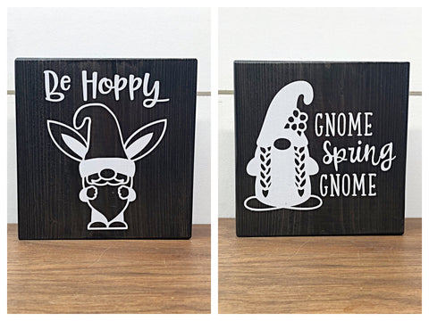 Easter and Spring Reversible Gnome Block Sign, Be Hoppy and Gnome Spring Gnome Wooden Farmhouse Decor