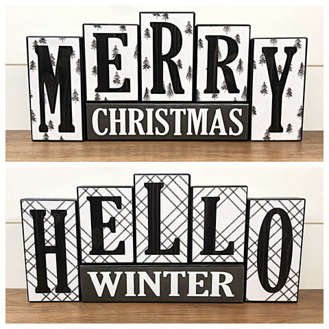 Reversible Black and White Christmas and Winter Letter Block Set Modern Farmhouse Decor for Shelf, Table or Mantle